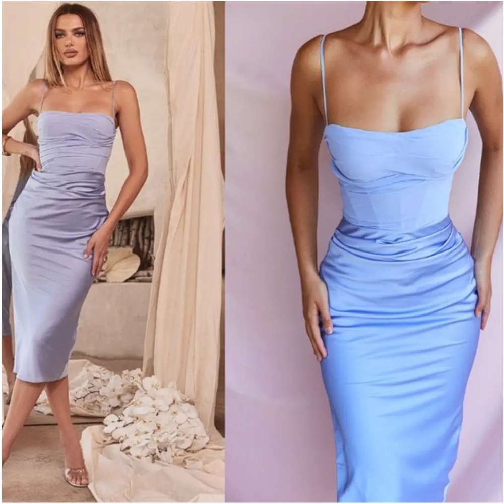 House of CB Teia Sky Draped Corset Midi Dress Blue Medium Plus Cup